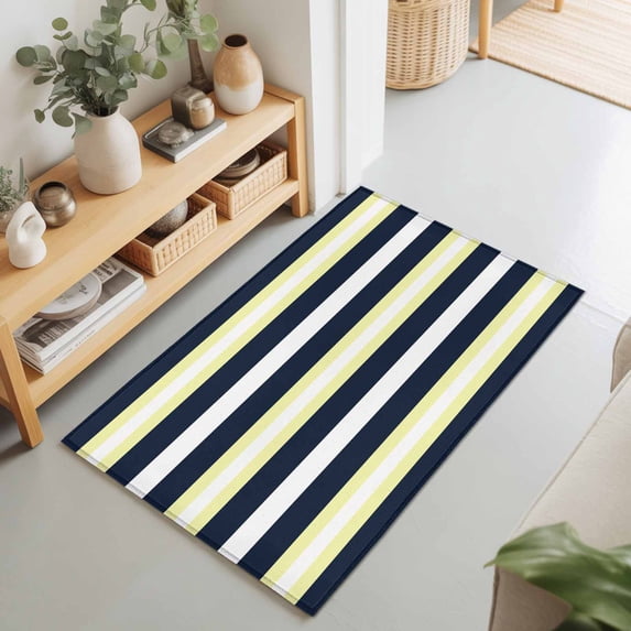 Entryway Rug 2'x3', Yellow Navy Blue Striped Kitchen Runner Rugs Non-Slip Carpet Mats, Neutral Minimalist Lines Bedside Rugs Runners Washable Floor Carpet for Bathroom Laundry Room