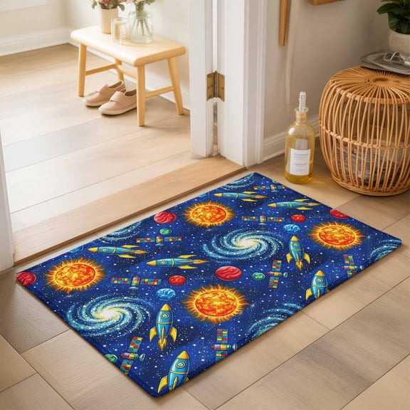 Entryway Rug 2'x3', Yellow Purple Spaceship Kitchen Runner Rugs Non-Slip Carpet Mats, Modern Abstract Art Rocket Bedside Rugs Runners Washable Floor Carpet for Bathroom Laundry Room