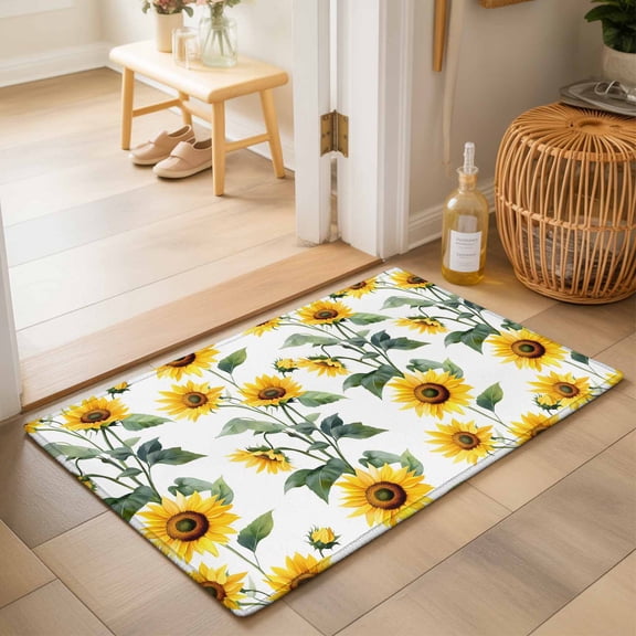 Entryway Rug 2'x3', Yellow Sunflowers Kitchen Runner Rugs Non-Slip Carpet Mats, Farmhouse Summer Botanical Watercolor Bedside Rugs Runners Washable Floor Carpet for Bathroom Laundry Room