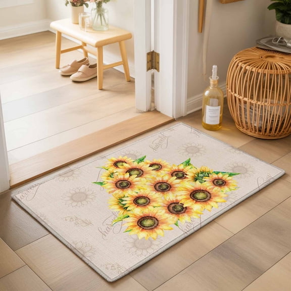 Entryway Rug 2'x3', Yellow Sunflowers Kitchen Runner Rugs Non-Slip Carpet Mats, Summer Botanical Farmhouse Watercolor Floral Bedside Rugs Runners Washable Floor Carpet for Bathroom Laundry Room