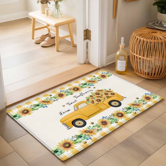 Entryway Rug 2'x3', Yellow Sunflowers Kitchen Runner Rugs Non-Slip Carpet Mats, Summer Spring Botanical Truck Bees Check Bedside Rugs Runners Washable Floor Carpet for Bathroom Laundry Room