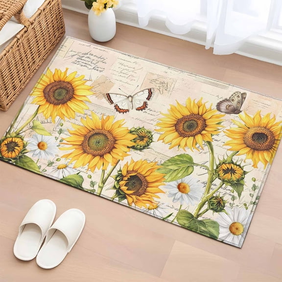 Entryway Rug 2'x3', Yellow Sunflowers Small Rug for Kitchen Bathroom Door Mat Indoor Entrance, Country Farm Butterfly Flower Light Beige Non-Slip Area Rugs Floor Mats Carpet Front Door Rugs