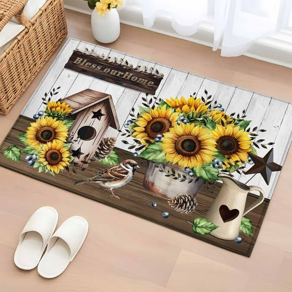 Entryway Rug 2'x3', Yellow Sunflowers Small Rug for Kitchen Bathroom Door Mat Indoor Entrance, Western Star Farmhouse White Wooden Non-Slip Area Rugs Floor Mats Carpet Front Door Rugs