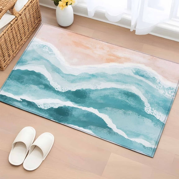 Entryway Rug 2x3 Ft, Aqua Coastal Beach Non Slip Small Area Rugs for Front Door, Modern Oil Painting Nautical Washable Low Pile Accent Carpet Doormat for Indoor Entrance Kitchen Bathroom Doorway
