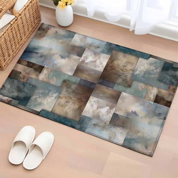 Entryway Rug 2x3 Ft, Blue Brown Geometric Non Slip Small Area Rugs for Front Door, Modern Ombre Abstract Art Washable Low Pile Accent Carpet Doormat for Indoor Entrance Kitchen Bathroom Doorway