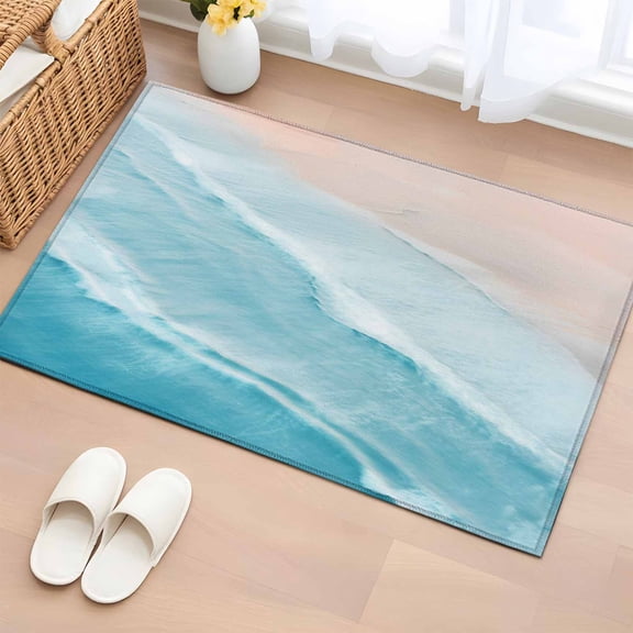 Entryway Rug 2x3 Ft, Blue Coastal Wave Non Slip Small Area Rugs for Front Door, Summer Modern Ocean Beach Washable Low Pile Accent Carpet Doormat for Indoor Entrance Kitchen Bathroom Doorway