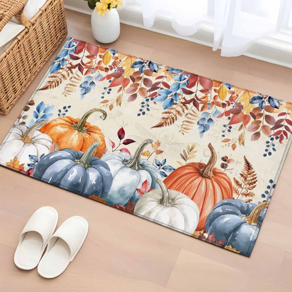 Entryway Rug 2x3 Ft, Blue Pumpkin Non Slip Small Area Rugs for Front Door, Thanksgiving Eucalyptus Fall Maple Washable Low Pile Accent Carpet Doormat for Indoor Entrance Kitchen Bathroom Doorway