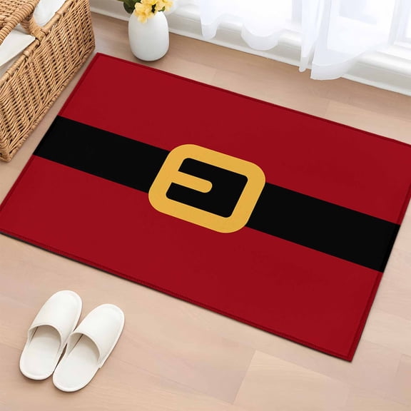Entryway Rug 2x3 Ft, Christmas Santa Non Slip Small Area Rugs for Front Door, Black Golden Belt Red Backdrop Washable Low Pile Accent Carpet Doormat for Indoor Entrance Kitchen Bathroom Doorway