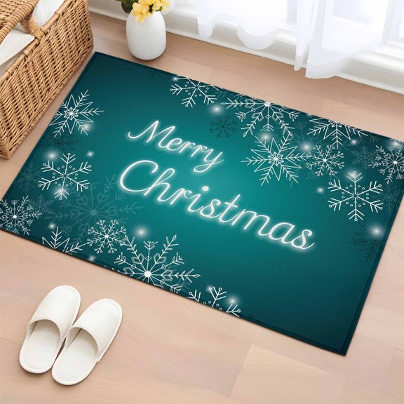Entryway Rug 2x3 Ft,Christmas Snowflake Non Slip Small Area Rugs for Front Door,Ombre Turquoise Teal Winter Xmas Gradient Low Pile Accent Carpet Doormat for Indoor Entrance Kitchen Bathroom Doorway