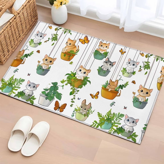 Entryway Rug 2x3 Ft, Cute Cartoon Non Slip Small Area Rugs for Front Door, Cat Butterfly Spring Floral Botanical Washable Low Pile Accent Carpet Doormat for Indoor Entrance Kitchen Bathroom Doorway