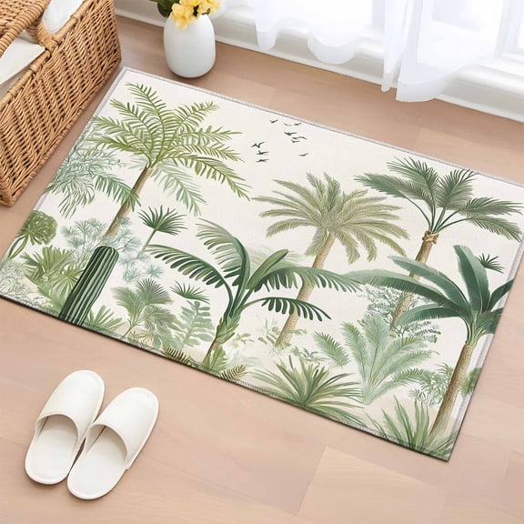 Entryway Rug 2x3 Ft,Green Palm Trees Non Slip Small Area Rugs for Front Door,Farmhouse Summer Leaves Plants Birds Washable Low Pile Accent Carpet Doormat for Indoor Entrance Kitchen Bathroom Doorway