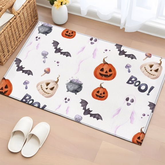 Entryway Rug 2x3 Ft, Halloween Non Slip Small Area Rugs for Front Door, Bat Pumpkin Ghost Candy Fall Seasonal Washable Low Pile Accent Carpet Doormat for Indoor Entrance Kitchen Bathroom Doorway