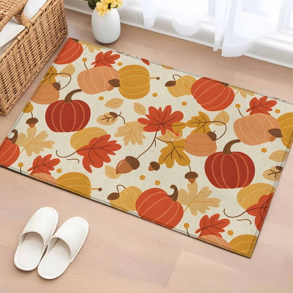 Entryway Rug 2x3 Ft, Maple Leaf Non Slip Small Area Rugs for Front Door, Autumn Pumpkin Thanksgiving Country Farm Washable Low Pile Accent Carpet Doormat for Indoor Entrance Kitchen Bathroom Doorway