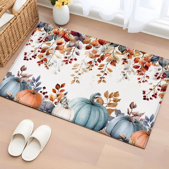 Entryway Rug 2x3 Ft, Orange Blue Fall Non Slip Small Area Rugs for Front Door, Thanksgiving Maple Leaf Botanical Washable Low Pile Accent Carpet Doormat for Indoor Entrance Kitchen Bathroom Doorway