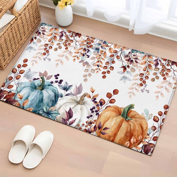 Entryway Rug 2x3 Ft, Orange Blue Pumpkin Fall Non Slip Small Area Rugs for Front Door, Thanksgiving Maple Leaf Washable Low Pile Accent Carpet Doormat for Indoor Entrance Kitchen Bathroom Doorway