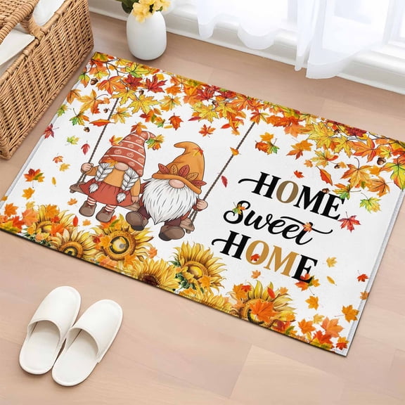 Entryway Rug 2x3 Ft, Orange Fall Non Slip Small Area Rugs for Front Door, Thanksgiving Gnomes Maple Leaf Sunflower Washable Low Pile Accent Carpet Doormat for Indoor Entrance Kitchen Bathroom Doorway