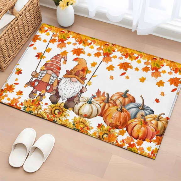 Entryway Rug 2x3 Ft, Orange Gnomes Fall Non Slip Small Area Rugs for Front Door, Thanksgiving Pumpkin Maple Leaves Washable Low Pile Accent Carpet Doormat for Indoor Entrance Kitchen Bathroom Doorway