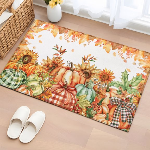 Entryway Rug 2x3 Ft, Orange Pumpkins Fall Thanksgiving Non Slip Small Area Rugs for Front Door, Maple Leaf Washable Low Pile Accent Carpet Doormat for Indoor Entrance Kitchen Bathroom Doorway