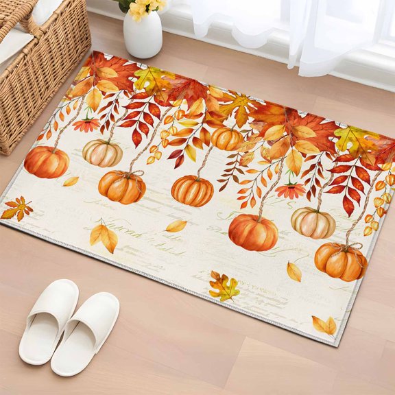 Entryway Rug 2x3 Ft, Pumpkins Fall Non Slip Small Area Rugs for Front Door, Thanksgiving Orange Maple Leaf Washable Low Pile Accent Carpet Doormat for Indoor Entrance Kitchen Bathroom Doorway