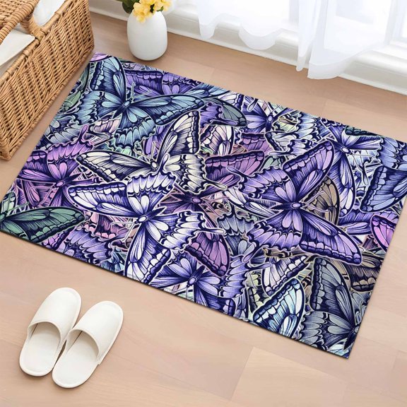 Entryway Rug 2x3 Ft, Purple Blue Teal Butterfly Non Slip Small Area Rugs for Front Door, Modern Abstract Art Washable Low Pile Accent Carpet Doormat for Indoor Entrance Kitchen Bathroom Doorway