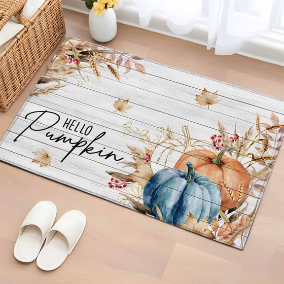 Entryway Rug 2x3 Ft,Retro Fall Wheat Non Slip Small Area Rugs for Front Door,Thanksgiving Pumpkin Leaves Wood Grain Low Pile Accent Carpet Doormat for Indoor Entrance Kitchen Bathroom Doorway