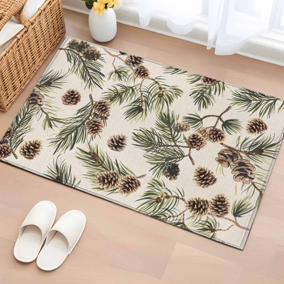 Entryway Rug 2x3 Ft,Sage Green Christmas Non Slip Small Area Rugs for Front Door,Rustic Pine Cones Xmas Botanical Washable Low Pile Accent Carpet Doormat for Indoor Entrance Kitchen Bathroom Doorway