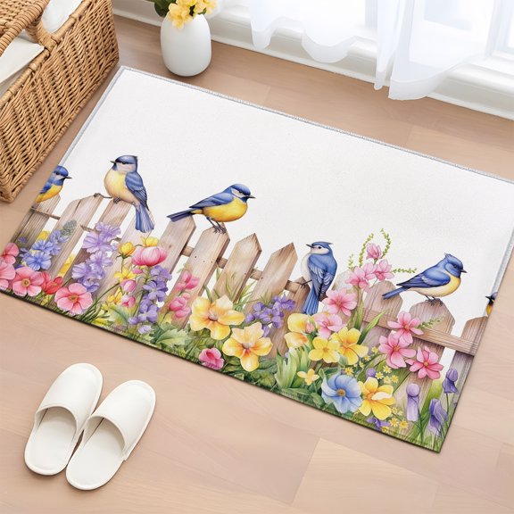 Entryway Rug 2x3 Ft, Spring Floral Non Slip Small Area Rugs for Front Door, Summer Birds Botanical Fence Washable Low Pile Accent Carpet Doormat for Indoor Entrance Kitchen Bathroom Doorway