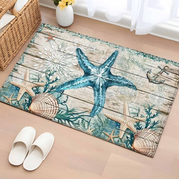 Entryway Rug 2x3 Ft, Teal Starfish Coastal Non Slip Small Area Rugs for Front Door, Summer Beach Nautical Retro Washable Low Pile Accent Carpet Doormat for Indoor Entrance Kitchen Bathroom Doorway