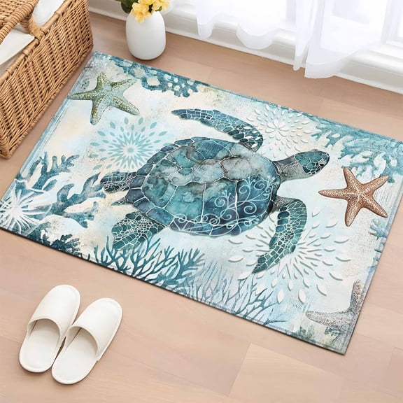 Entryway Rug 2x3 Ft,Teal Turtle Coastal Non Slip Small Area Rugs for Front Door,Summer Beach Starfish Nautical Sea Washable Low Pile Accent Carpet Doormat for Indoor Entrance Kitchen Bathroom Doorway