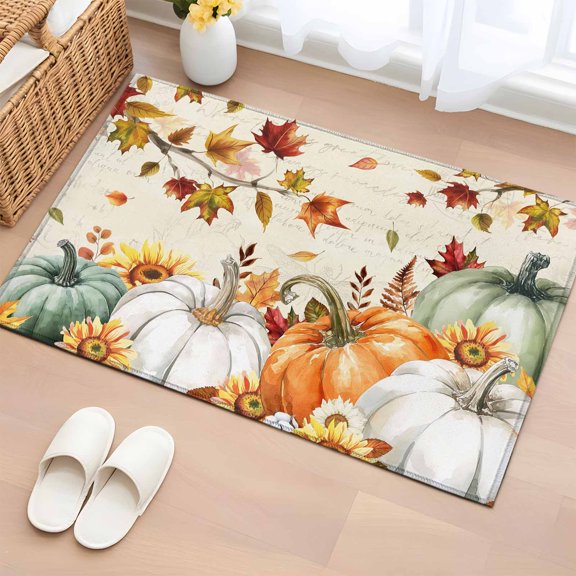 Entryway Rug 2x3 Ft, Thanksgiving Fall Non Slip Small Area Rugs for Front Door, Maple Leaf Pumpkins Green Orange Washable Low Pile Accent Carpet Doormat for Indoor Entrance Kitchen Bathroom Doorway