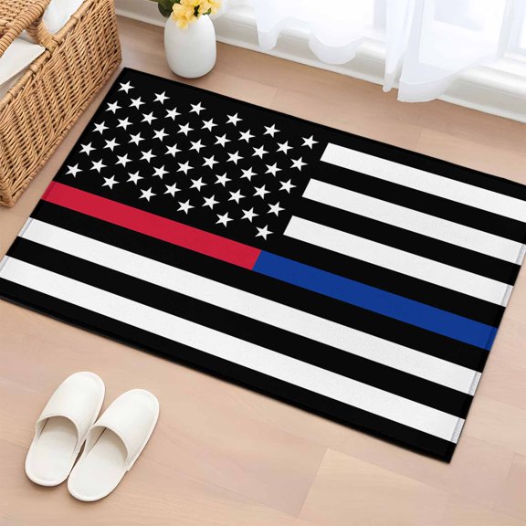 Entryway Rug 2x3 Ft, Thin Red Blue White Line Non Slip Small Area Rugs for Front Door, American Flag Star Washable Low Pile Accent Carpet Doormat for Indoor Entrance Kitchen Bathroom Doorway
