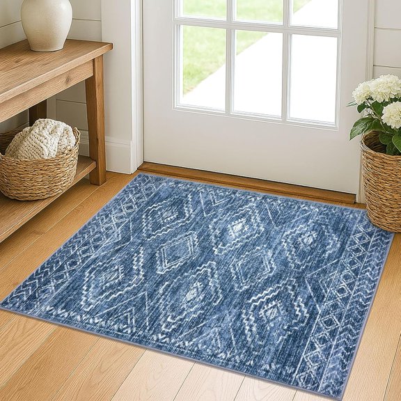 Entryway Rug 2x3 Small Washable Rug Door Mat Indoor Soft Non Slip Printed Blue Kitchen Rugs for Bedroom Entry Front Door Geometric Boho Throw Rugs, Stonewashed Blue