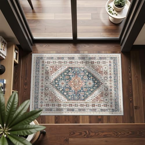 Entryway Rug - 2x3 Washable Rug Runner for Bathroom, Laundry Room, Kitchen, Soft Vintage Hallway Runner for Bedroom, Non-Slip Door Mat Indoor Entrance(Blue/Red,2'x3')
