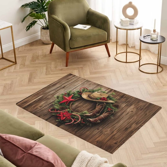 Entryway Rug 2x3ft, Western Christmas Non Slip Small Area Rugs for Entrance, Vintage Xmas Botanical Wreath Washable Low Pile Indoor Door Mat for Bathroom Kitchen Bedroom Front Door