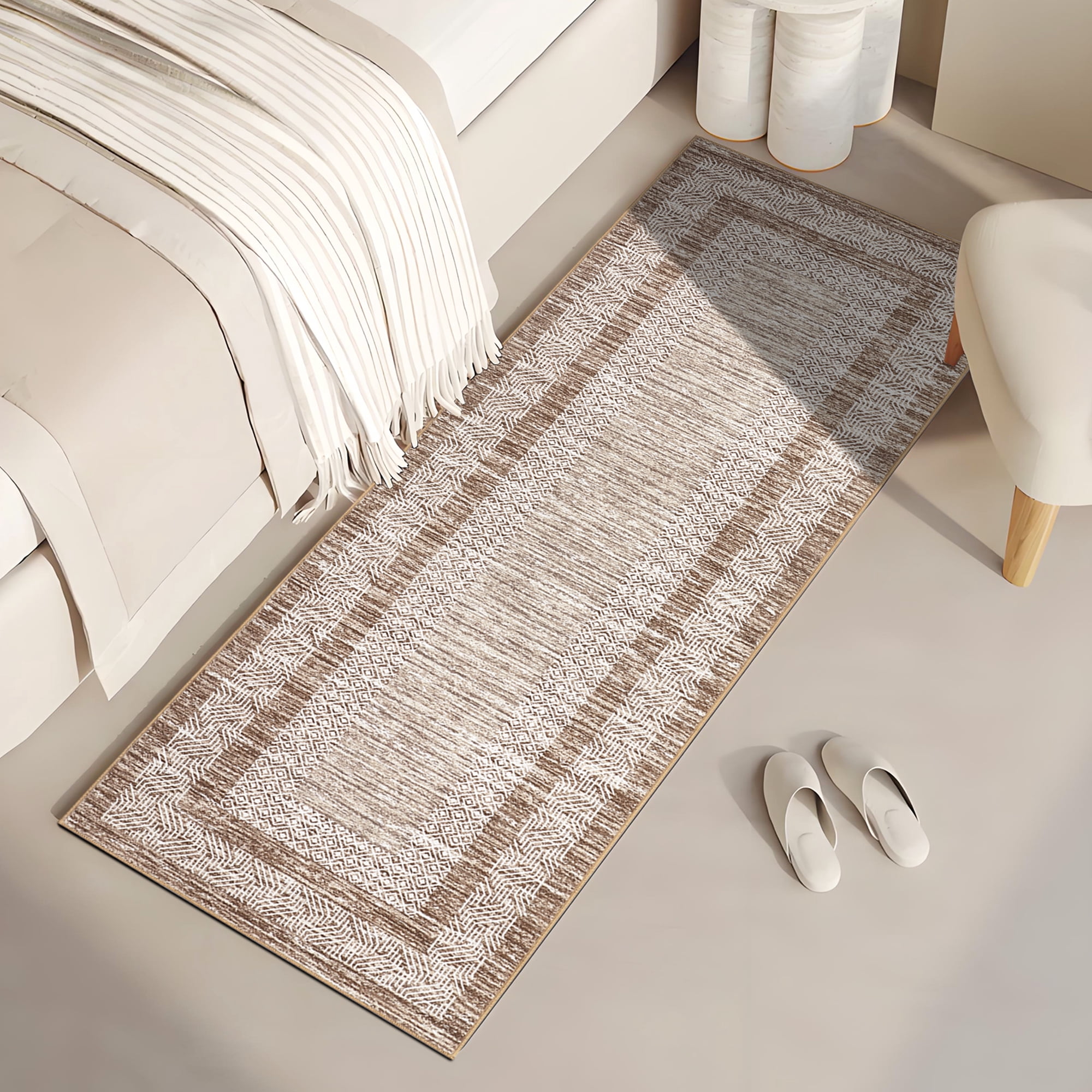 Entryway Rug 2x6 Runner, Modern Bordered Hallway Runner Rug Washable Kitchen Rug Stain Resistant Non-Slip Carpet Minimalist Plaid Floor Cover for Laundry Bathroom, Brown