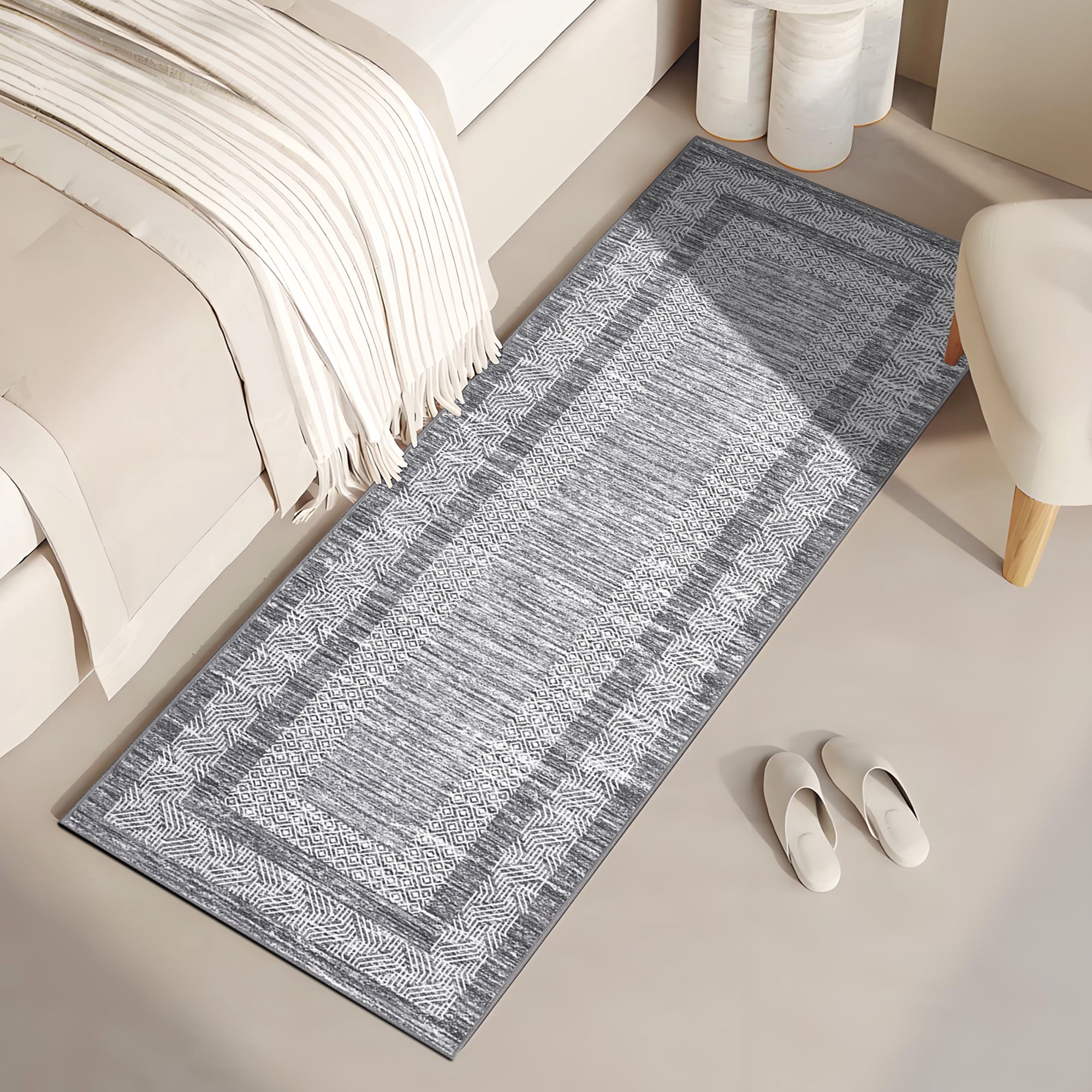 Entryway Rug 2x6 Runner, Modern Bordered Hallway Runner Rug Washable Kitchen Rug Stain Resistant Non-Slip Carpet Minimalist Plaid Floor Cover for Laundry Bathroom, Gray