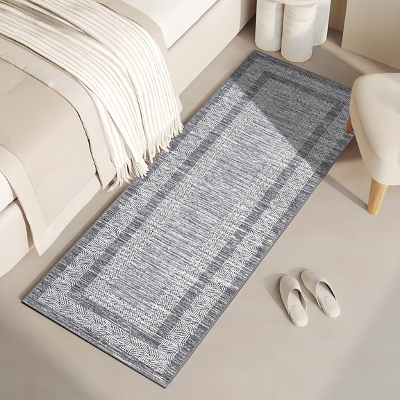 Entryway Rug 2x6 Runner, Modern Bordered Hallway Runner Rug Washable Kitchen Rug Stain Resistant Non-Slip Carpet Minimalist Plaid Floor Cover for Laundry Bathroom, Gray
