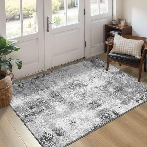 Entryway Rug 3x5 Grey Bedroom Area Rug Washable Non Slip Abstract Boho Rugs for Indoor Entry, Kitchen, Classroom, Bathroom, Kids Girls Room, Office, College Dorm Small Carpet