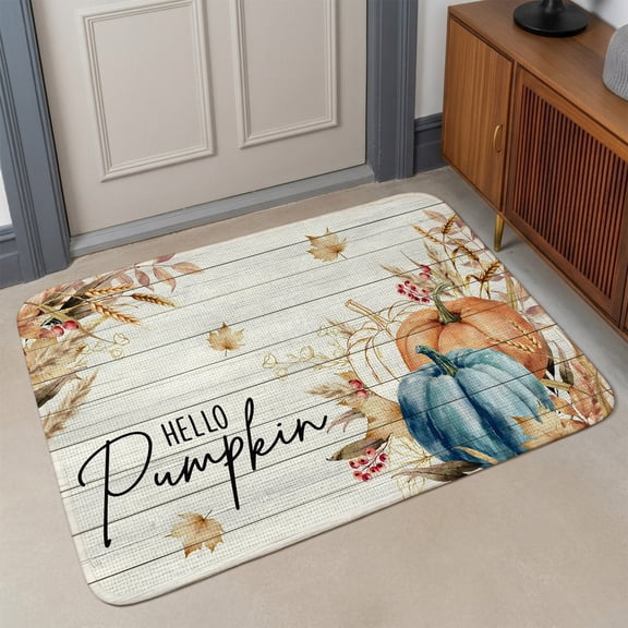 Entryway Rug Indoor Outdoor 31.5"x47.2", Retro Fall Wheat Absorbent Non Slip Floor Mat, Thanksgiving Pumpkin Leaves Wood Grain Low-Profile Welcome Mats for Front Door Patio Mudroom Garage Entrance