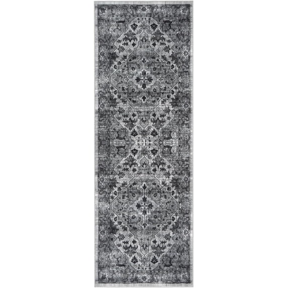 Entryway Runner Rug, Washable Vintage Low Pile Stain-Resistant, Non-Slip Soft Thin Carpet for Kitchen, Bedroom, Bathroom (Black, 2x6ft)