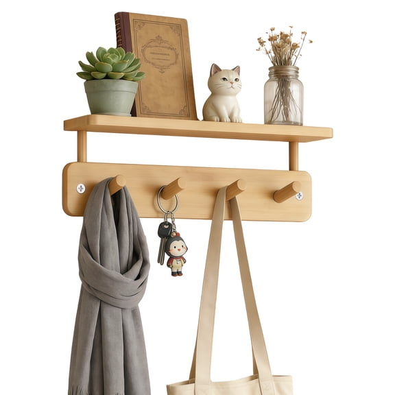 Entryway Shelf with Hooks, Wall Mounted Coat Rack, No Drill Entry Organizer for Hallway Bedroom, Space Saving Wood Storage, Heavy Duty Design with Rounded Edges