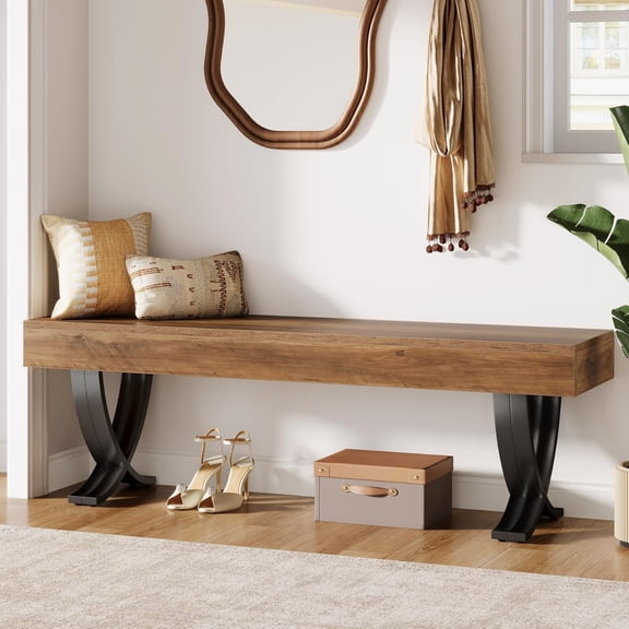 Entryway Shoe Bench, 55-Inch Wooden Shoe Bench with Metal X-Shaped Legs, Industrial Long End of Bed Stool with Seating for Bedroom, Living Room, Hallway, Porch