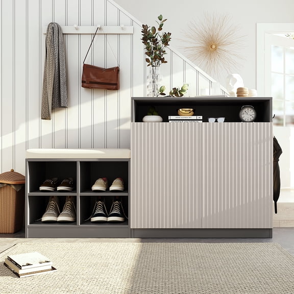Entryway Shoe Bench Cabinet with 2 Doors & 3-Tier Adjustable Shelves, 4 Open Shoe Racks, Removable Cushion, Wavy Slatted Door & Hooks