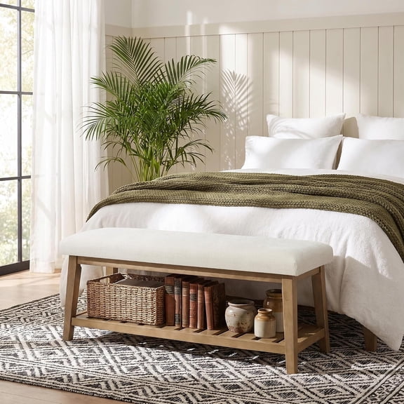 Entryway Shoe Bench, End of Bed Upholstered Bench (Beige) | Solid Wood Indoor Bench for Bedroom, Hallway, Living Room, Soft Chenille Sitting Shoe Rack