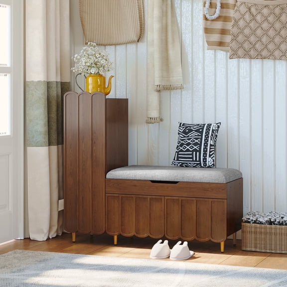 JOEMEY 40 inch L-Shaped Lift Top Entryway Shoe Bench with Storage, Walnut