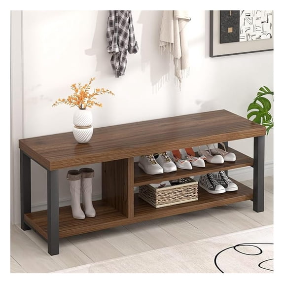 Entryway Shoe Bench, Modern Wood Shoe Storage for Hallway, Industrial Indoor Shoe Rack Seat, Rustic Walnut, 47 Inch