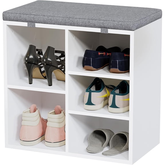 Entryway Shoe Bench with Storage & Cushioned Seat | Wooden Shoe Rack Organizer with Adjustable Shelves & Side Pockets for Hallway, Mudroom & Porch, Living Room