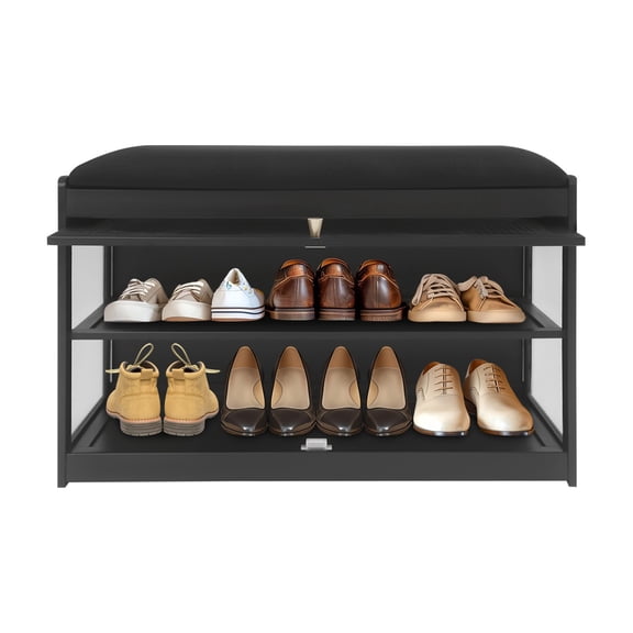 Entryway Shoe Bench with Cushion 2-Tier Bench with Clear Acrylic Doors 165 lb Shoe Rack for Entry Hallway Living Room Extended Version 28" (Black)