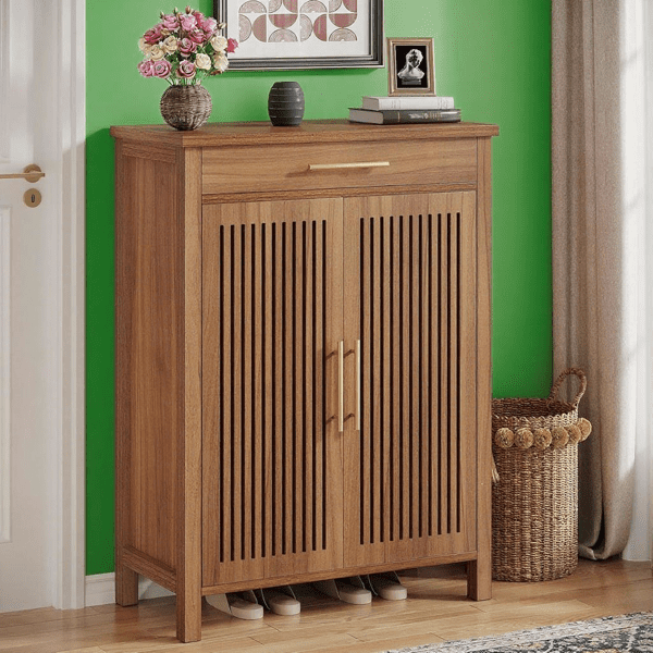 Entryway Shoe Cabinet, 2 Louvered Doors, 5-Tier Flexible Storage (20 Pairs), Large Drawer, MDF Construction with Anti-Tip Device, for Farmhouse/Contemporary Decor