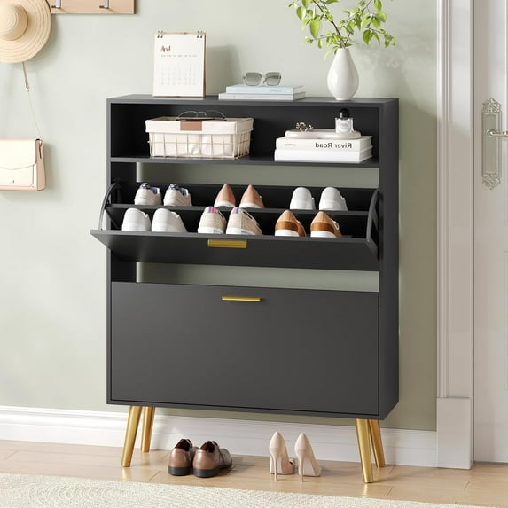 Entryway Shoe Cabinet, Black Shoe Storage Cabinet with 2 Flip Doors and Shelf, Narrow Hidden Shoe Organizer Cabinet Slim, Freestanding Shoe Rack for Entryway, Black